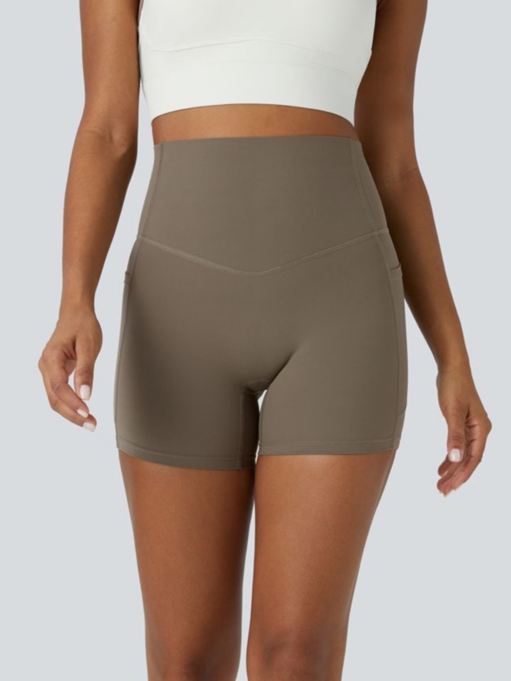 Halara UltraSculpt 5” Biker Shorts Taupe High Waisted Pockets XL
